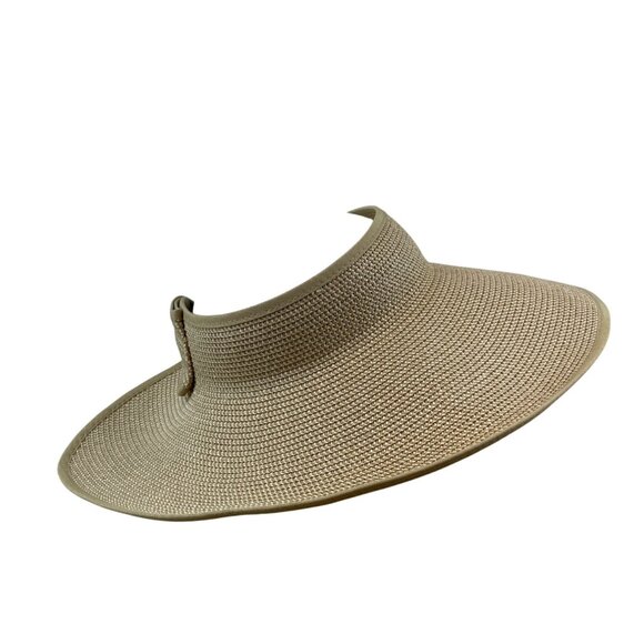 Wide Brim Straw Sun Visor Hat With Bow Closure Beige Adjustable - Picture 2 of 7